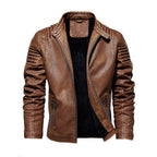 Men's faux leather biker jacket with ribbed sleeves and fleece lining, slim fit