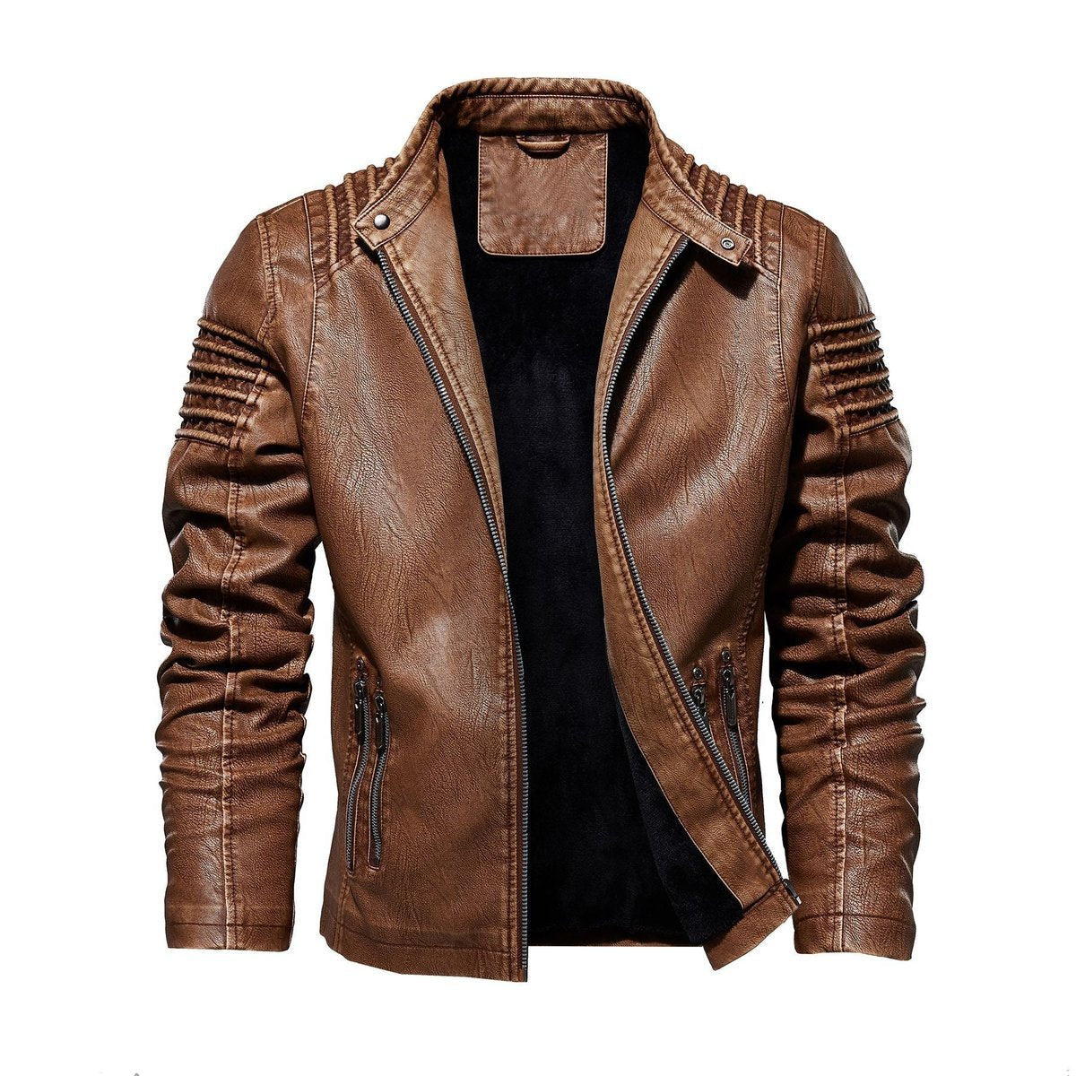 Men's faux leather biker jacket with ribbed sleeves and fleece lining, slim fit