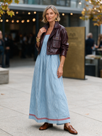 Women's striped maxi dress with spaghetti straps and red trim detail