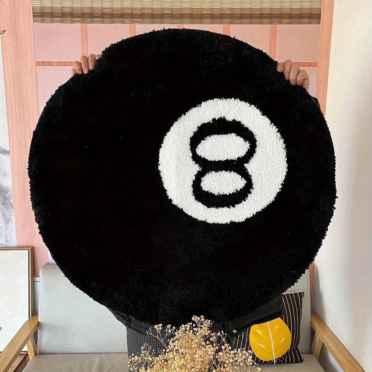 Round black 8-ball tufted rug, non-slip, indoor and outdoor use