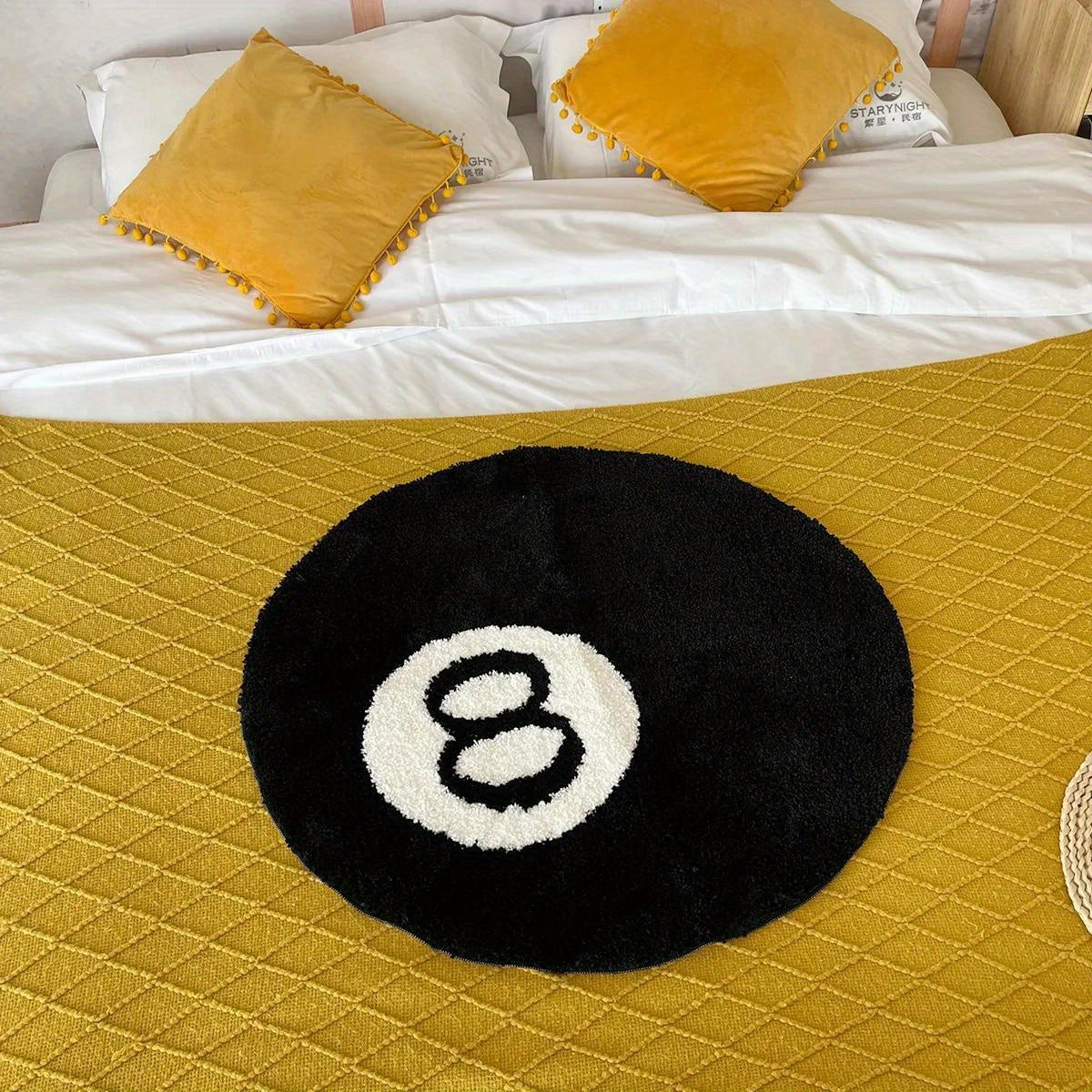Round black 8-ball tufted rug, non-slip, indoor and outdoor use