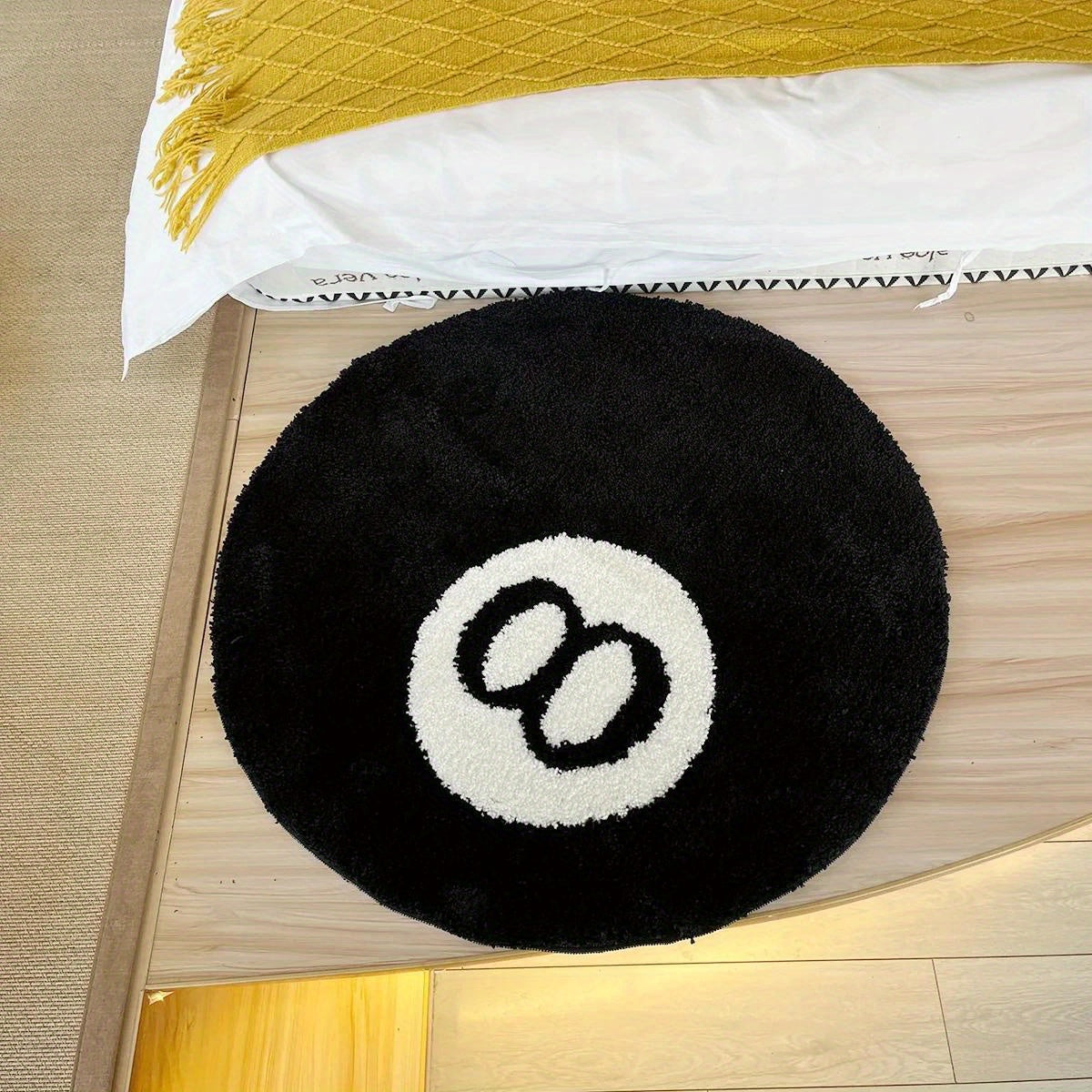 Round black 8-ball tufted rug, non-slip, indoor and outdoor use