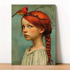 Canvas wall art Art Deco portrait of girl and cardinal, frameless indoor poster