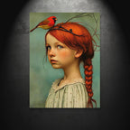 Canvas wall art Art Deco portrait of girl and cardinal, frameless indoor poster