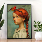Canvas wall art Art Deco portrait of girl and cardinal, frameless indoor poster