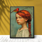 Canvas wall art Art Deco portrait of girl and cardinal, frameless indoor poster