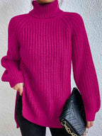Women ribbed knit turtleneck sweater with side slit hem, autumn winter