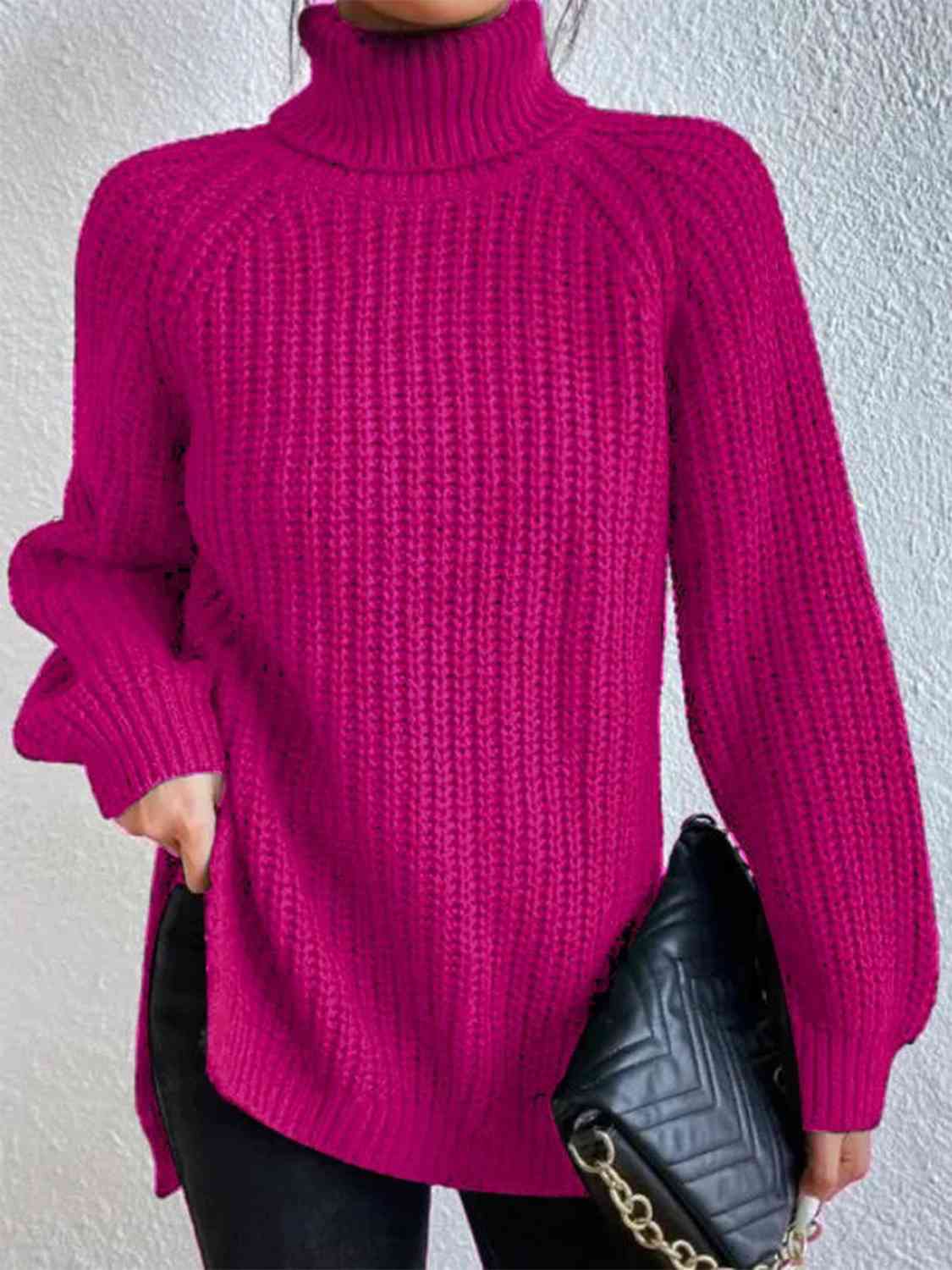 Women ribbed knit turtleneck sweater with side slit hem, autumn winter