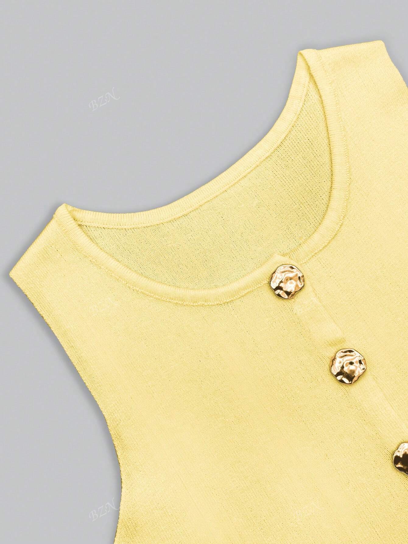 Women's sleeveless button-front peplum vest with gold buttons, tailored fit