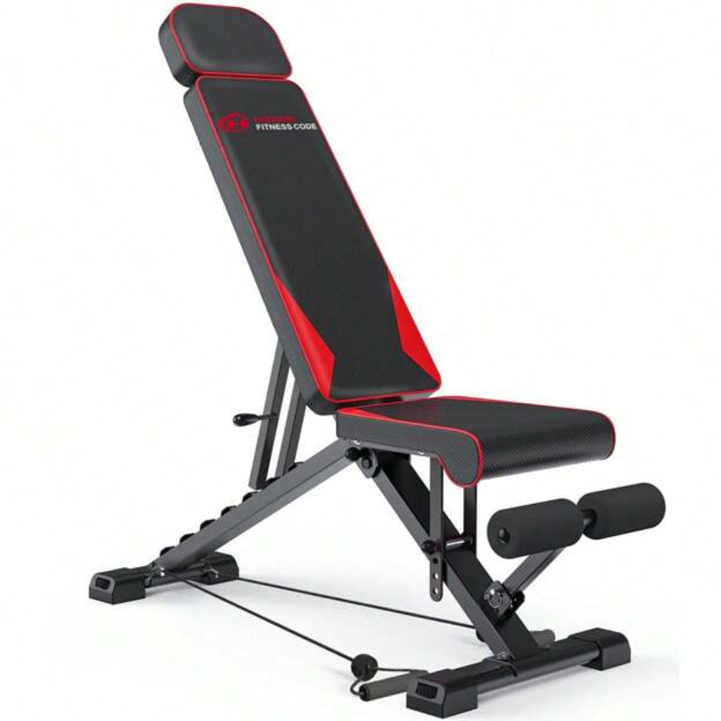 Adjustable folding workout weight bench with resistance bands black red