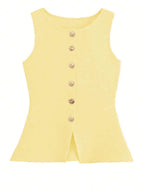 Women's sleeveless button-front peplum vest with gold buttons, tailored fit