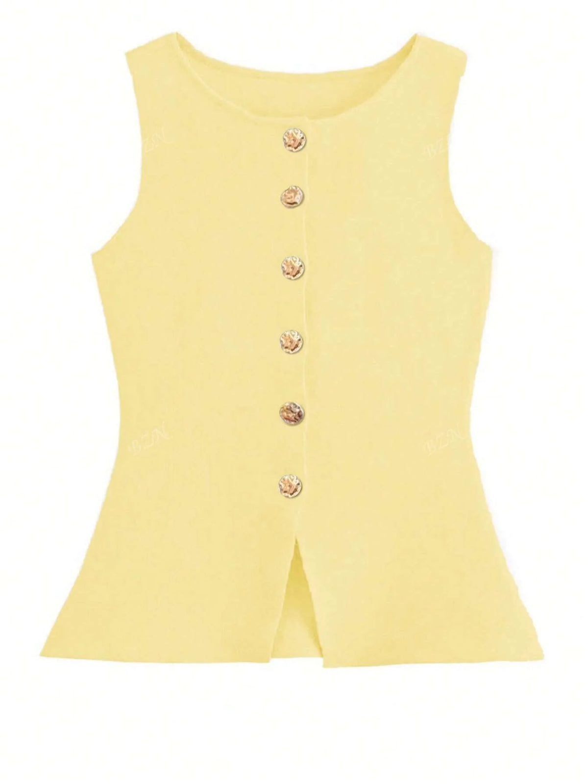 Women's sleeveless button-front peplum vest with gold buttons, tailored fit