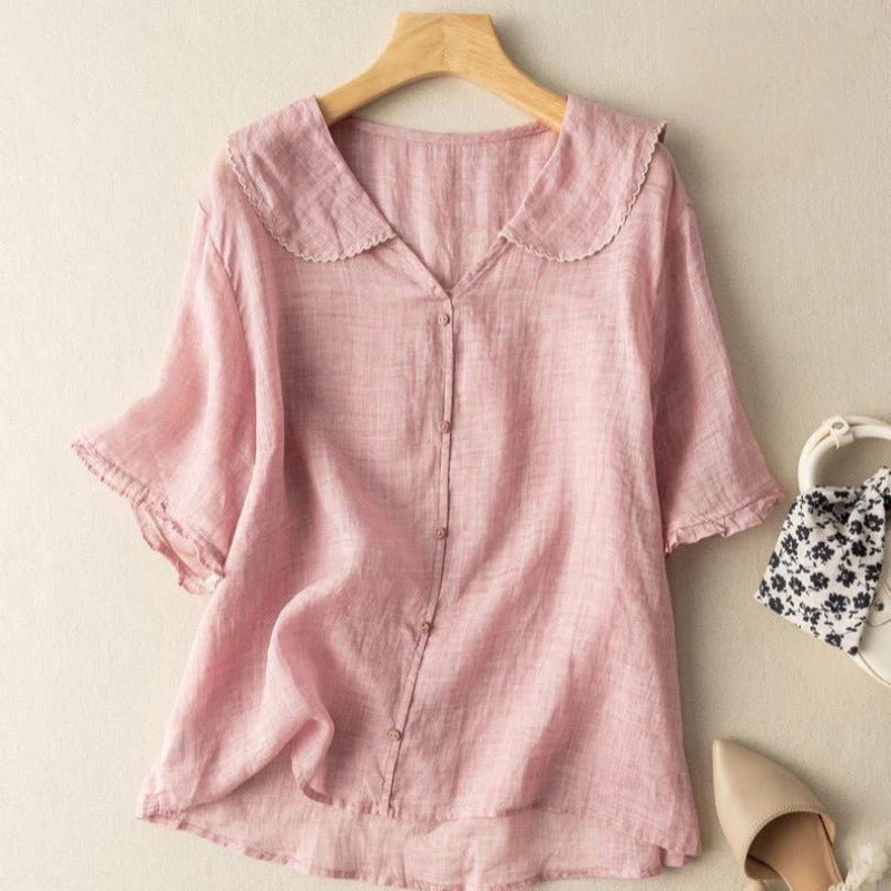 Women vintage button detail relaxed blouse in soft pastel colours relaxed fit