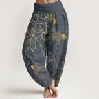 Women's harem pants koi fish lotus print, loose fit cotton elastic waist