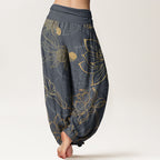 Women's harem pants koi fish lotus print, loose fit cotton elastic waist