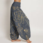 Women's harem pants koi fish lotus print, loose fit cotton elastic waist