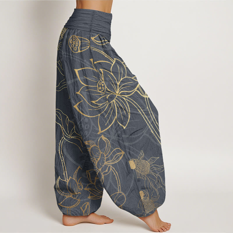 Women's harem pants koi fish lotus print, loose fit cotton elastic waist