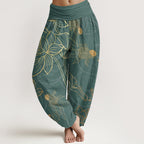 Women's harem pants koi fish lotus print, loose fit cotton elastic waist