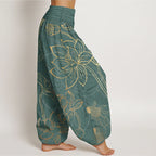 Women's harem pants koi fish lotus print, loose fit cotton elastic waist