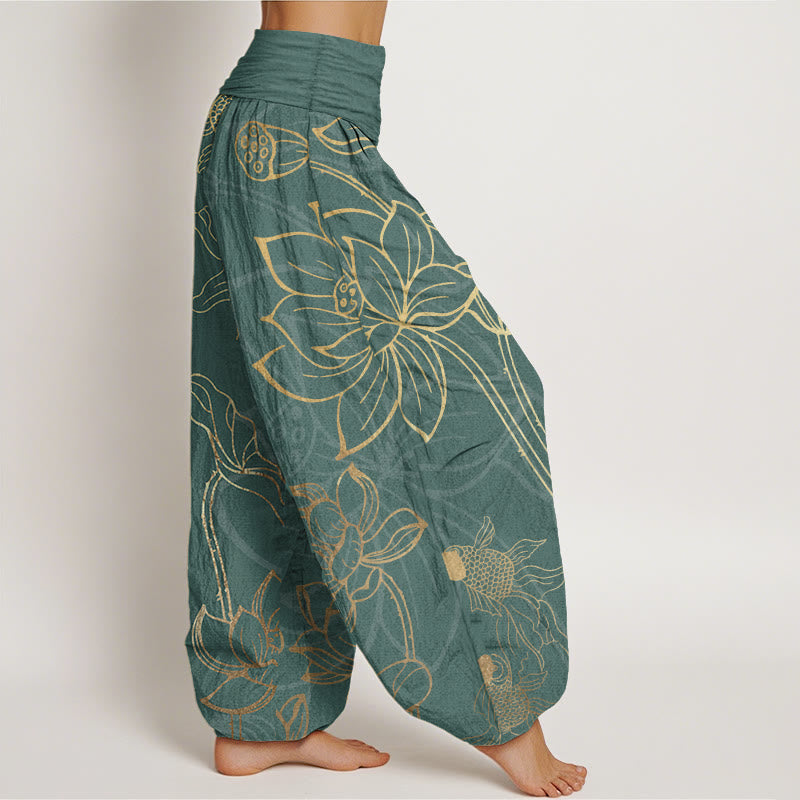 Women's harem pants koi fish lotus print, loose fit cotton elastic waist