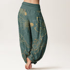 Women's harem pants koi fish lotus print, loose fit cotton elastic waist
