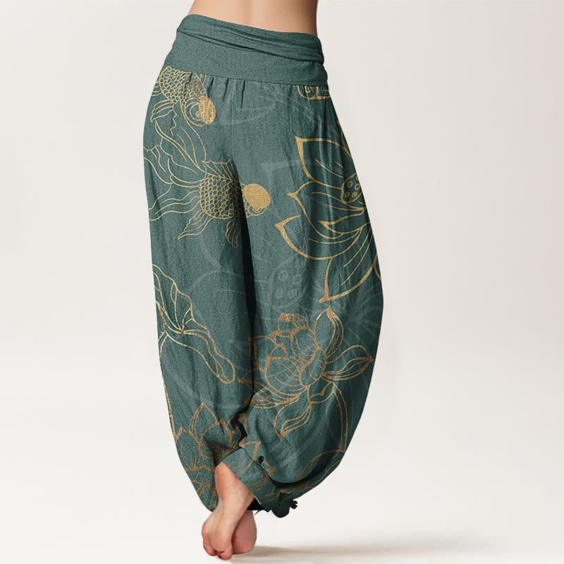 Women's harem pants koi fish lotus print, loose fit cotton elastic waist
