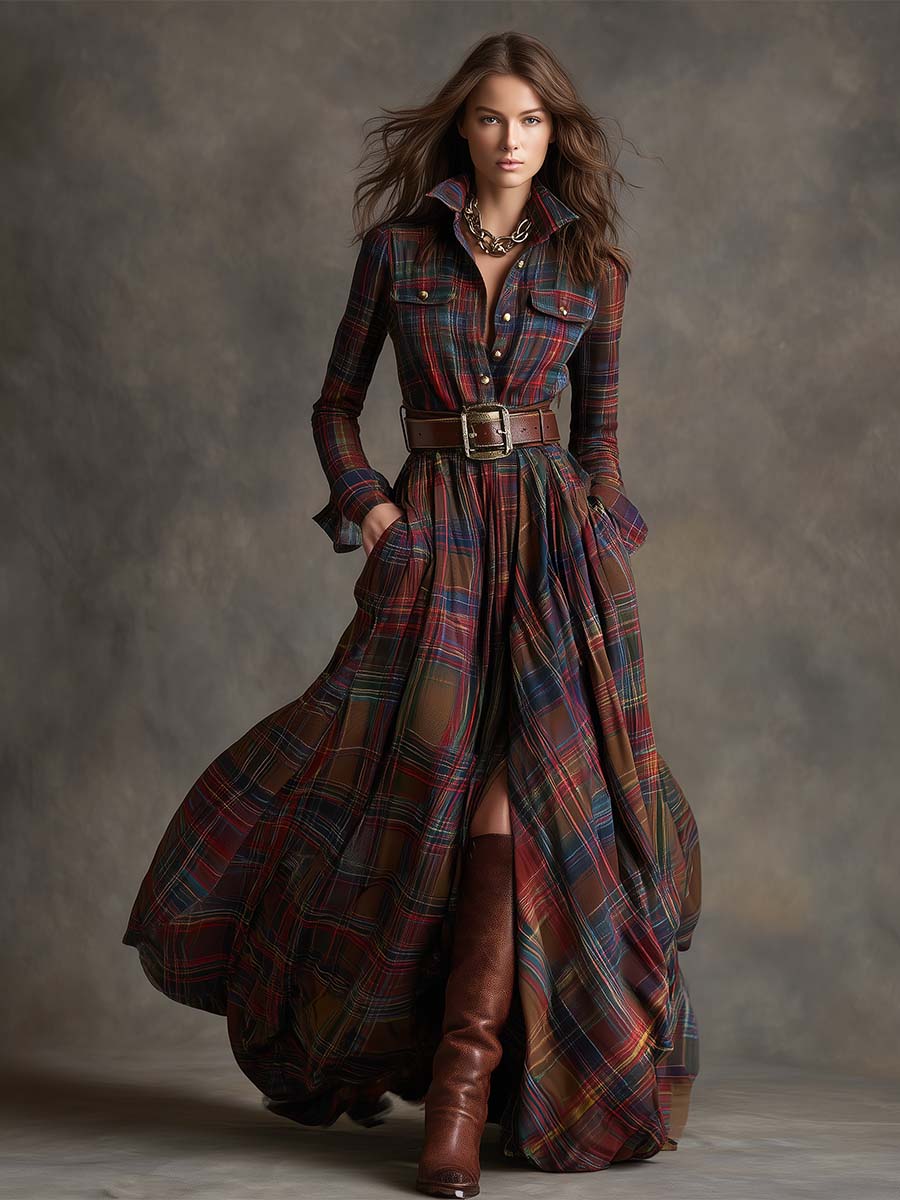 Women's shirt dress button-down plaid relaxed fit, available in reddish-brown, green, blue, black
