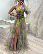 Evening maxi dress one-shoulder with floral appliqué and high leg slit