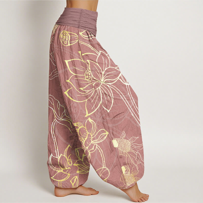 Women's harem pants koi fish lotus print, loose fit cotton elastic waist