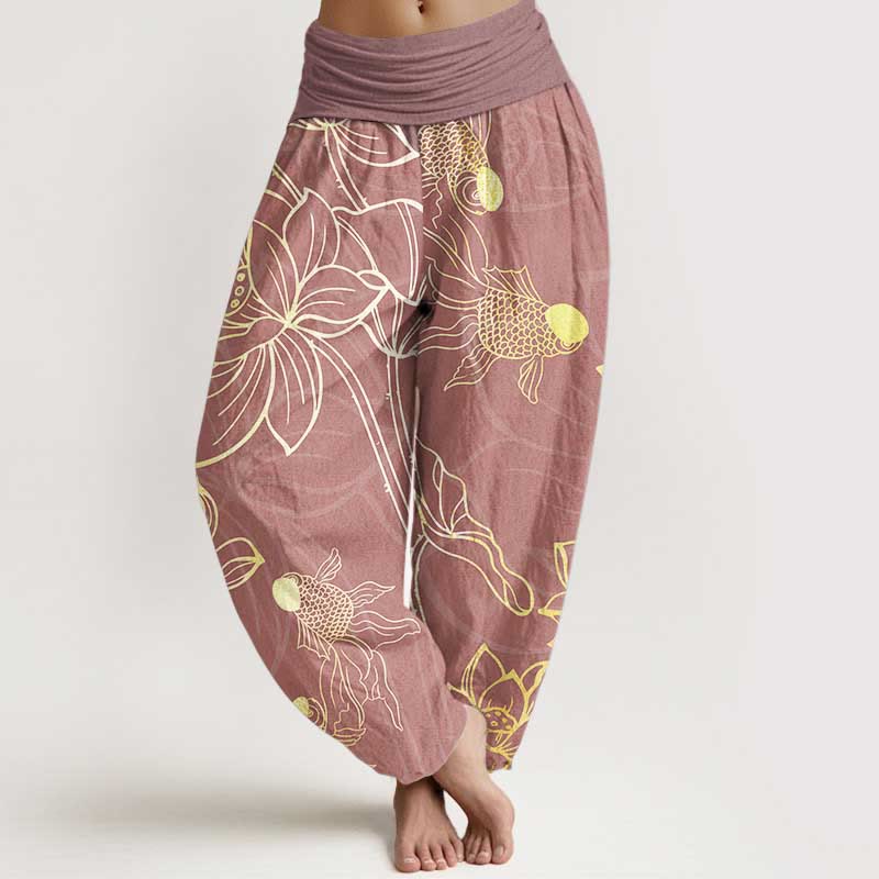 Women's harem pants koi fish lotus print, loose fit cotton elastic waist