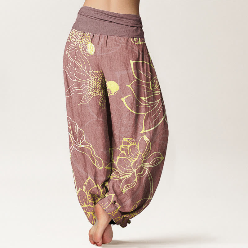 Women's harem pants koi fish lotus print, loose fit cotton elastic waist