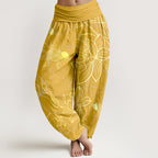 Women's harem pants koi fish lotus print, loose fit cotton elastic waist