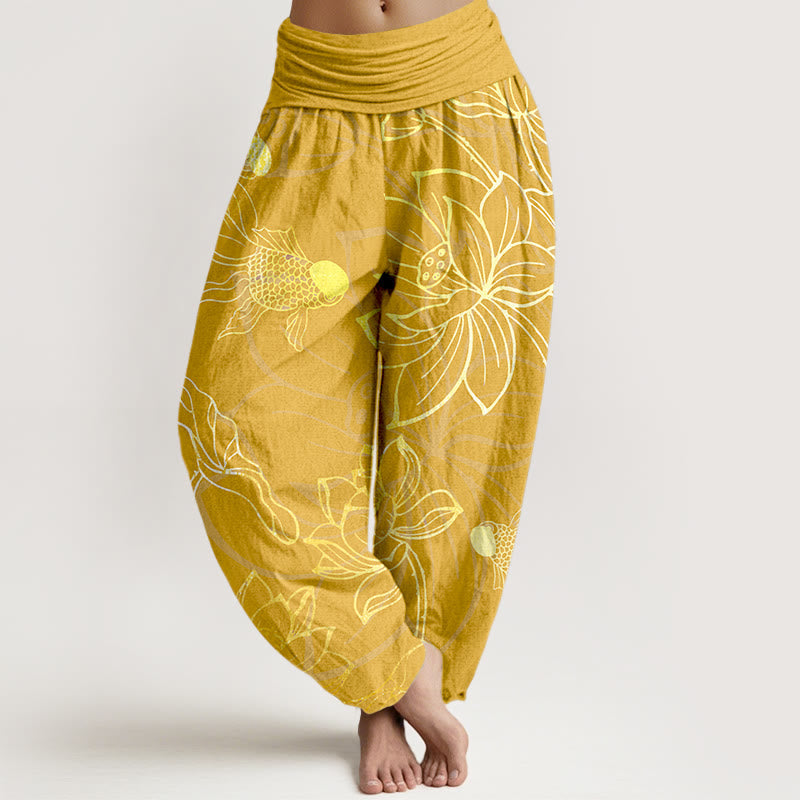Women's harem pants koi fish lotus print, loose fit cotton elastic waist