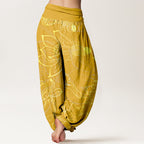 Women's harem pants koi fish lotus print, loose fit cotton elastic waist