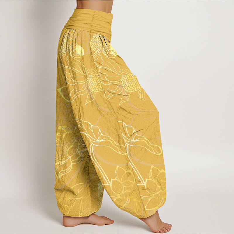 Women's harem pants koi fish lotus print, loose fit cotton elastic waist