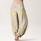 Women's harem pants koi fish lotus print, loose fit cotton elastic waist