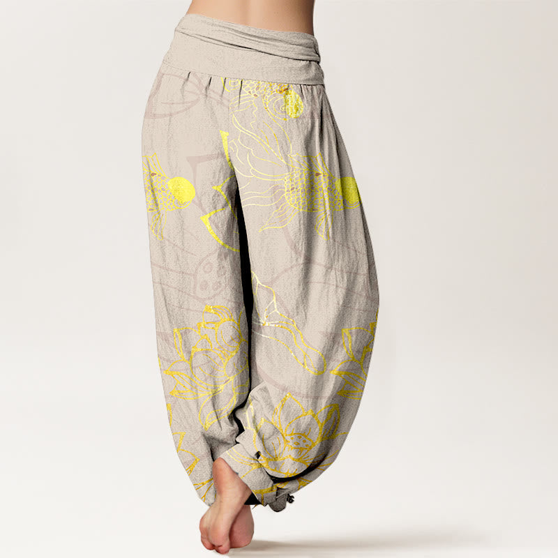 Women's harem pants koi fish lotus print, loose fit cotton elastic waist