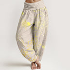 Women's harem pants koi fish lotus print, loose fit cotton elastic waist