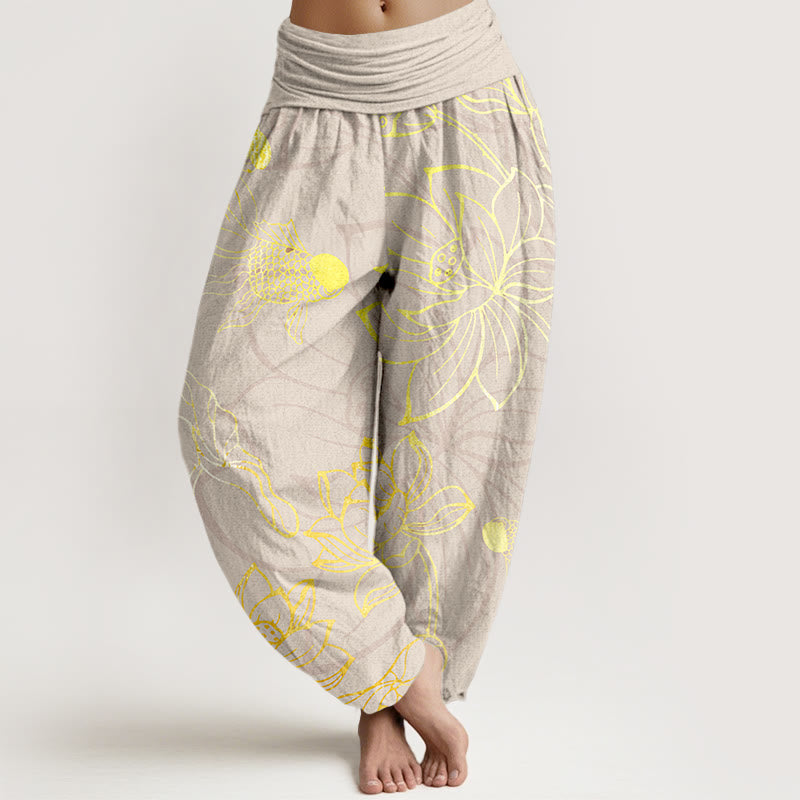 Women's harem pants koi fish lotus print, loose fit cotton elastic waist