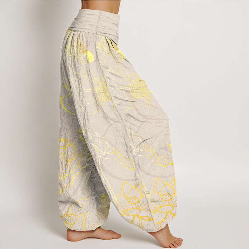 Women's harem pants koi fish lotus print, loose fit cotton elastic waist