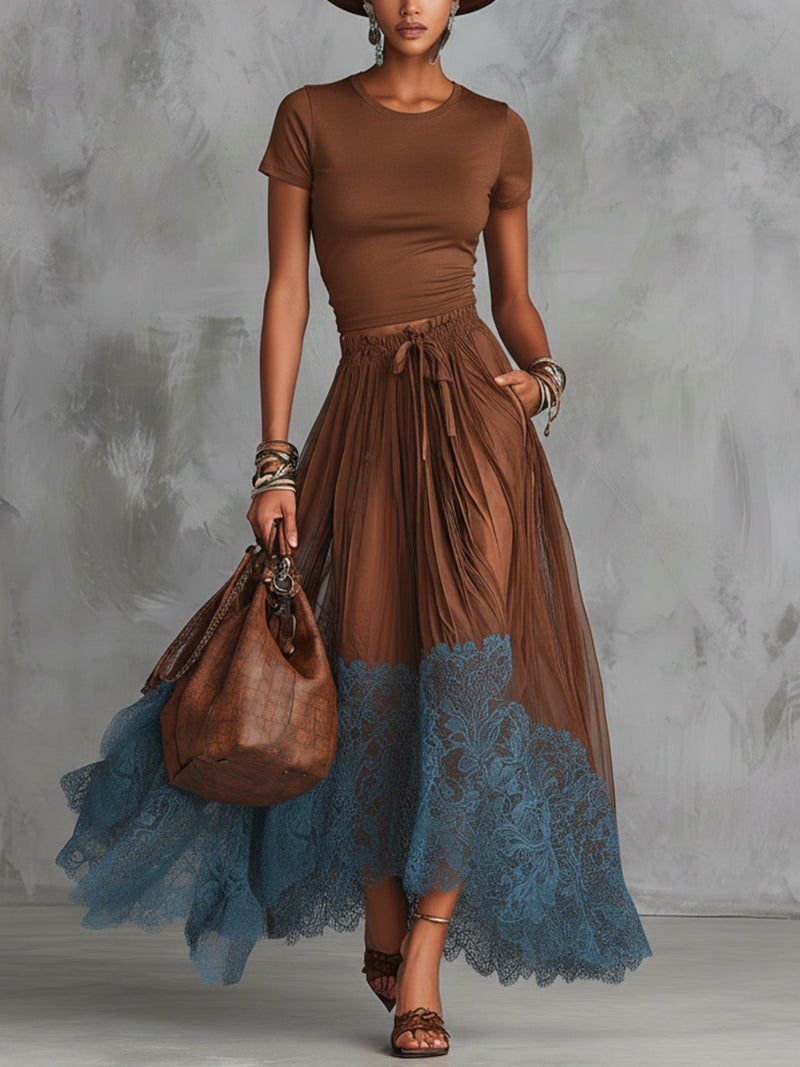 Lace Maxi Skirt Set Women Cotton Top Tulle Two Piece | Dione