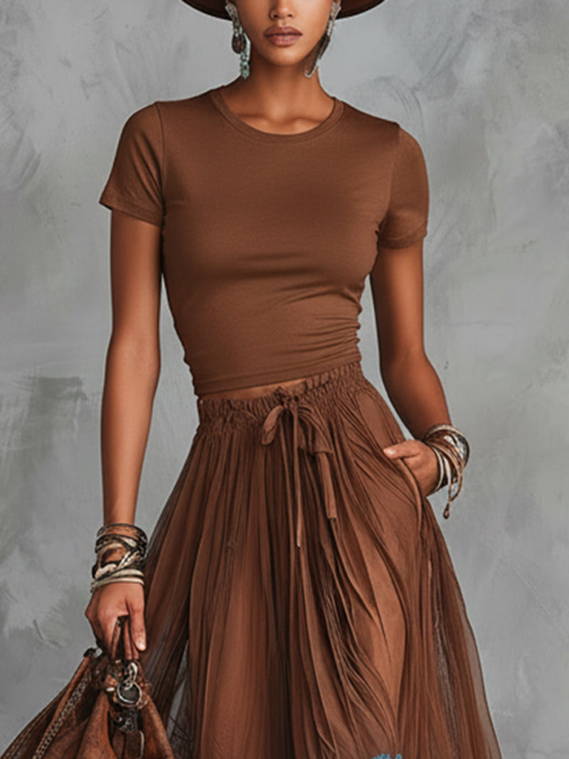 Lace Maxi Skirt Set Women Cotton Top Tulle Two Piece | Dione