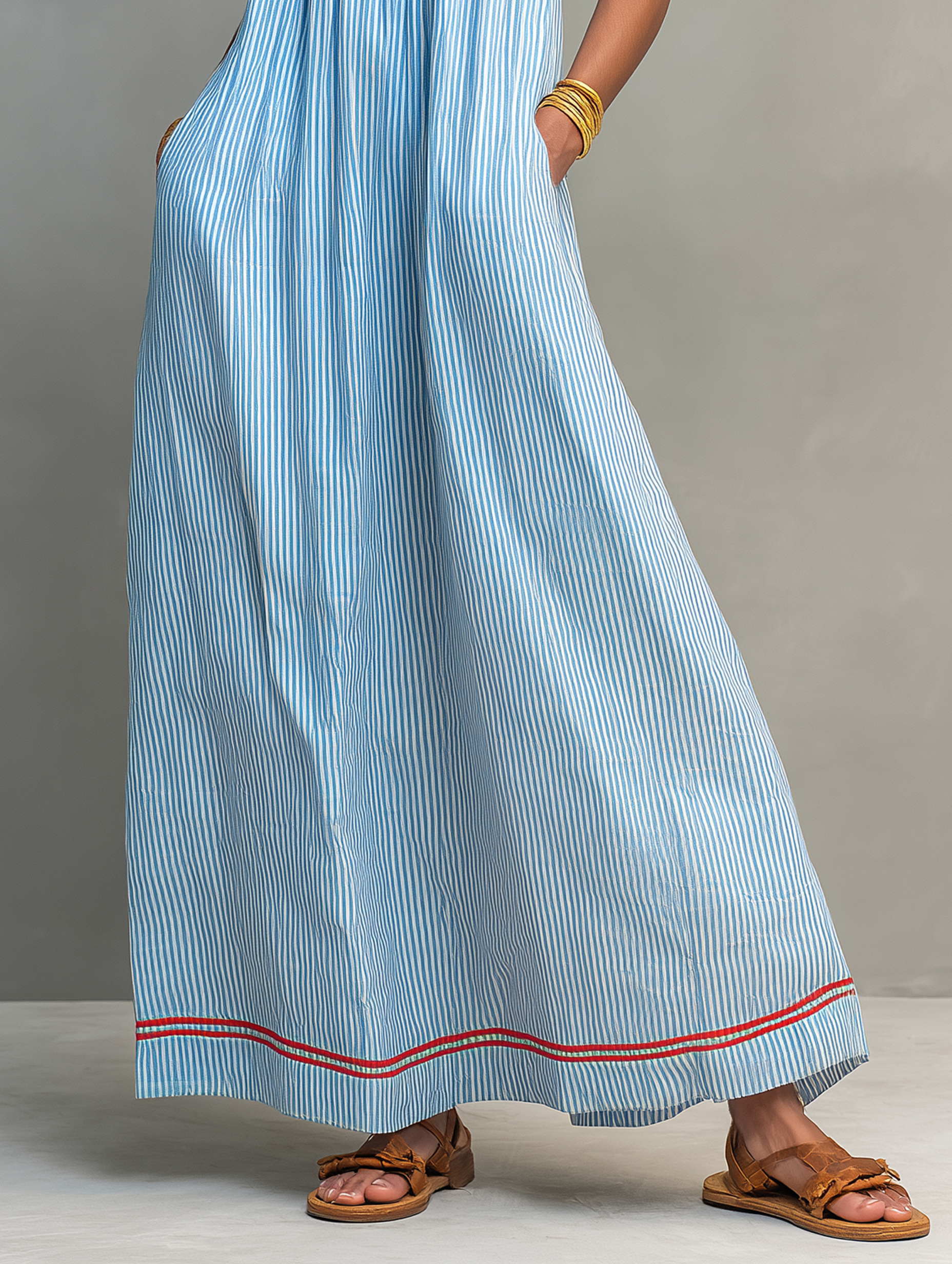 Women's striped maxi dress with spaghetti straps and red trim detail