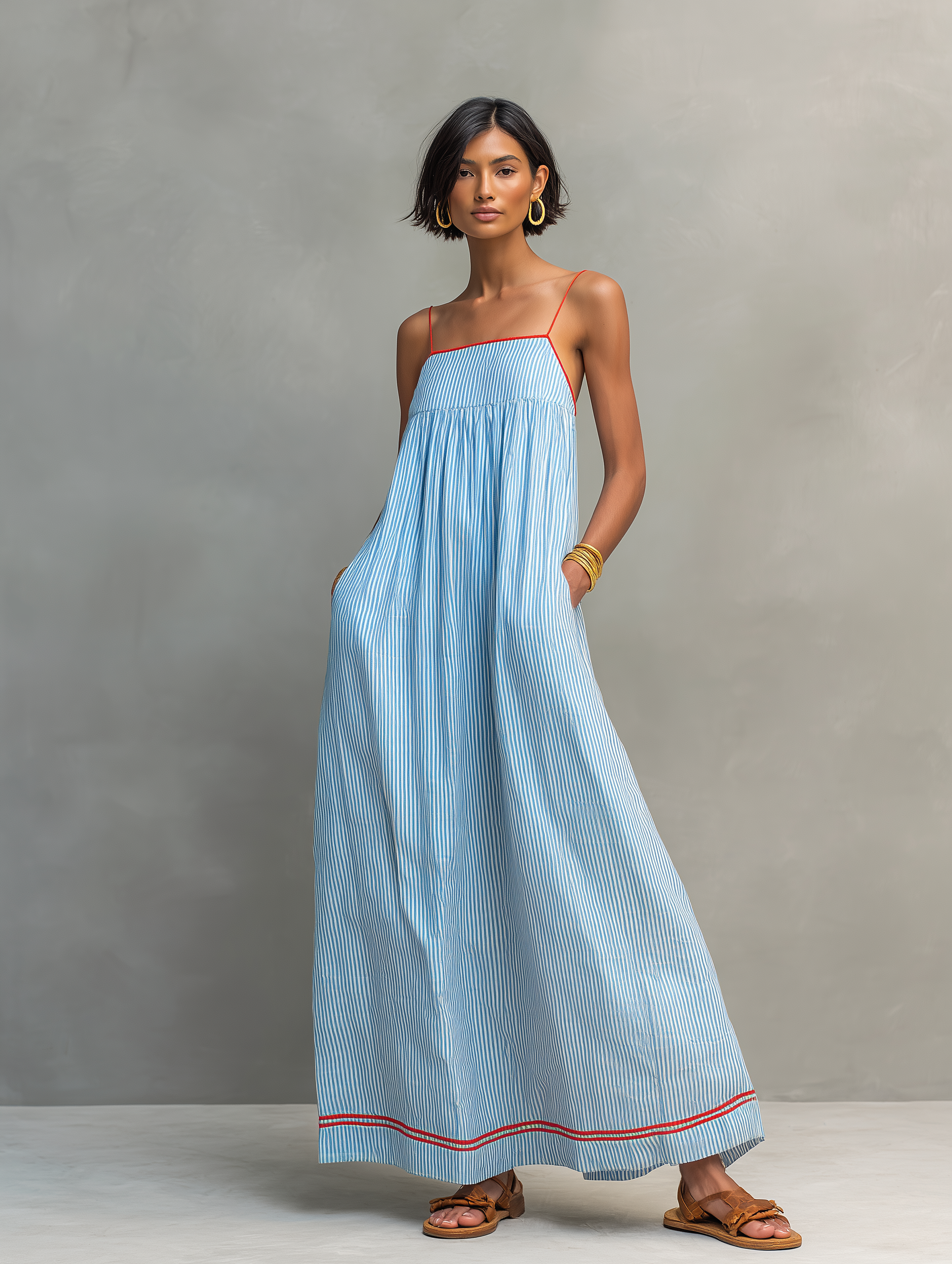 Women's striped maxi dress with spaghetti straps and red trim detail
