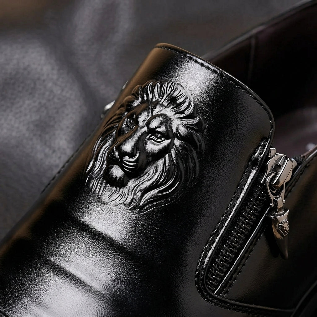 Men's leather dress shoes with lion embossed detail and side zip closure
