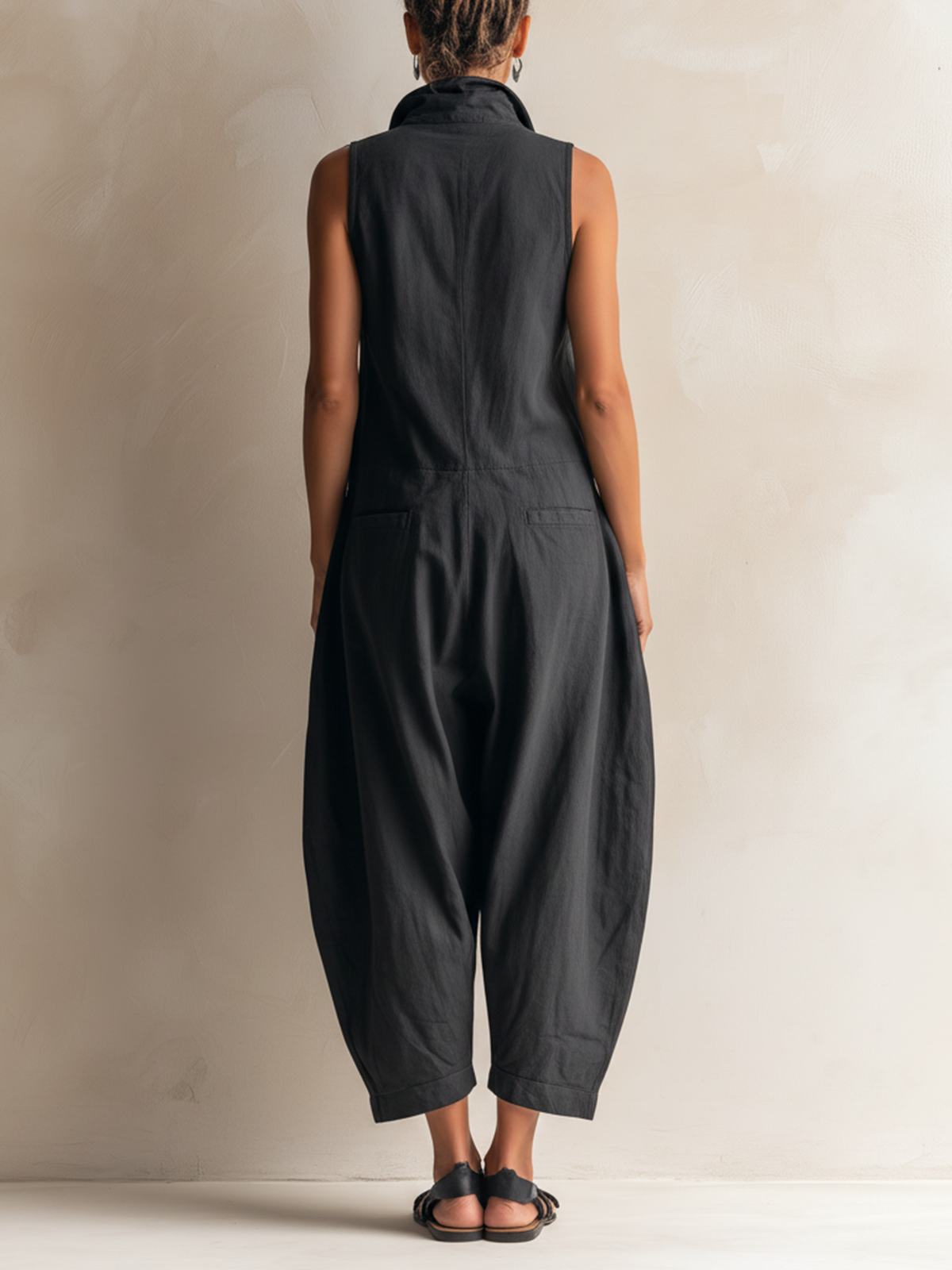 Women wide leg jumpsuit button down collar with pockets in black khaki olive