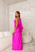 One-shoulder satin maxi evening dress with high slit and ruched draping