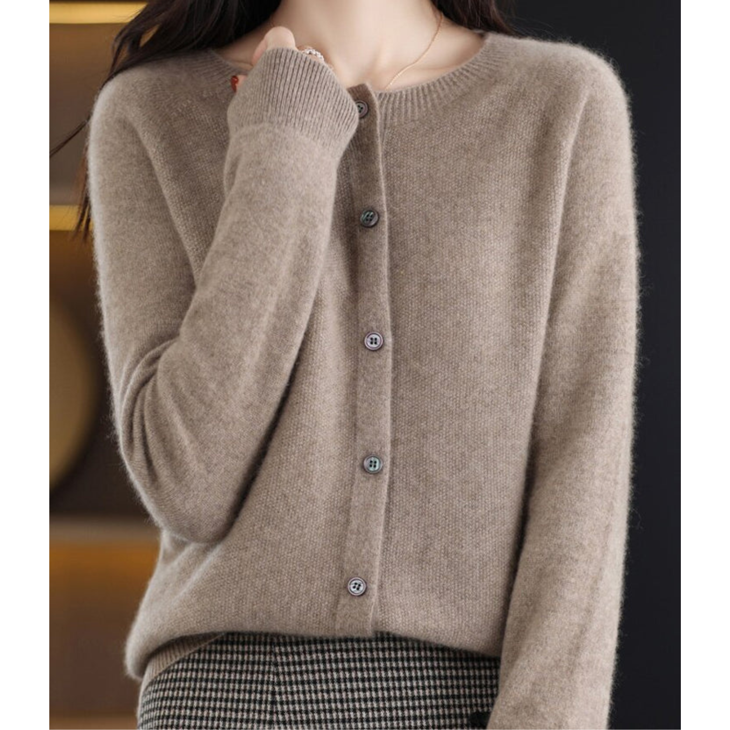 Women's merino wool sweater round neck with button placket slim fit