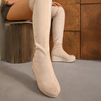 Women stretch knee high boots with woven wedge sole, pull-on style