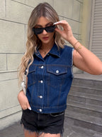 Women denim sleeveless jacket with flap pockets regular fit